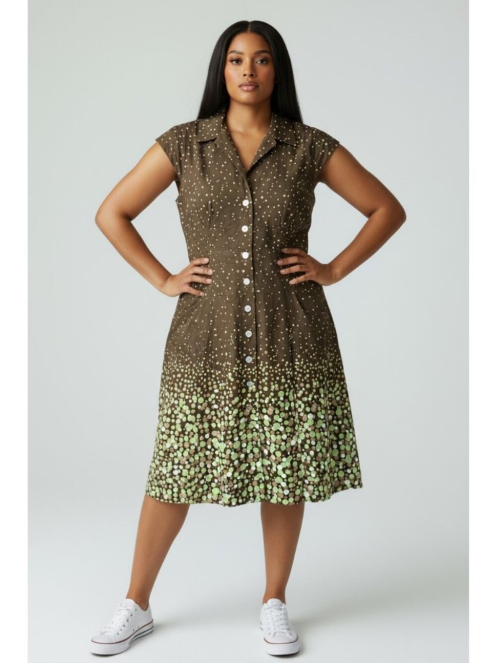 Vintage Inspired Brown Green Polka Dot Shirt Dress Button Front Midi Retro XL - Picture 8 of 8